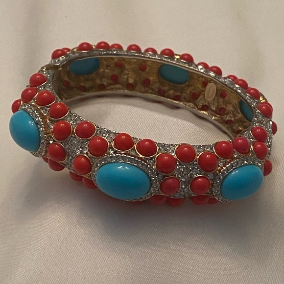 Kenneth Jay Lane Gold Plated Coral and Turquoise Cabochons Bangle Bracelet 6.5" - Picture 1 of 11